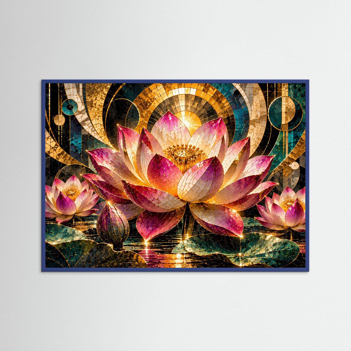 Poster Querformat mit Mosaik-Lotusblüten in Pink, Gold und Türkis, blauer Rahmen