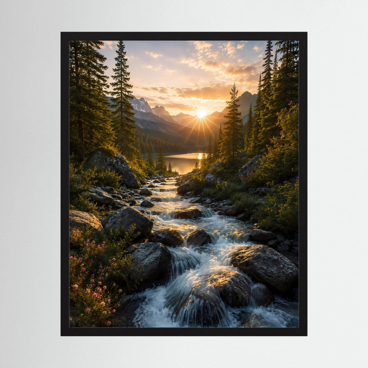 Hochformatiges Poster im schwarzen Rahmen: Fluss, Felsen, Wald und untergehende Sonne