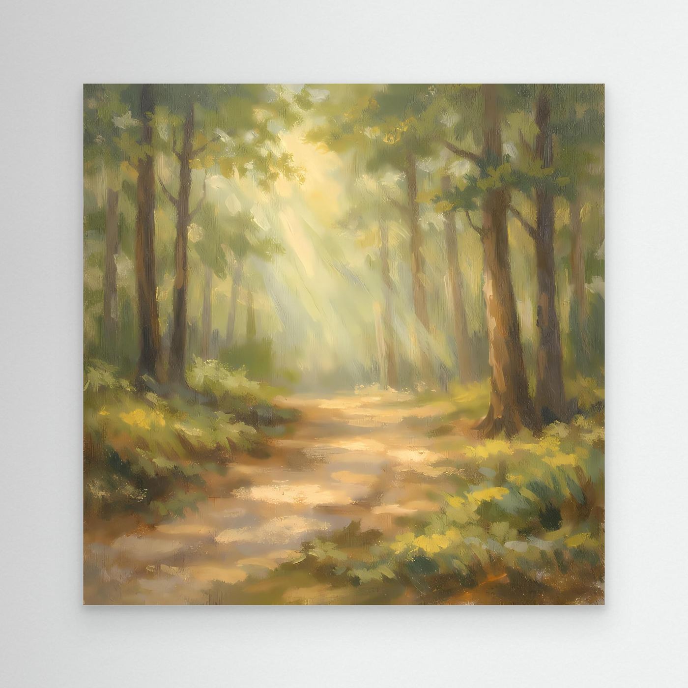 Leinwandbild Waldweg mit Sonnenstrahlen und hellem Lichtschimmer