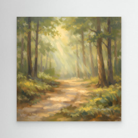 Leinwandbild Waldweg mit Sonnenstrahlen und hellem Lichtschimmer