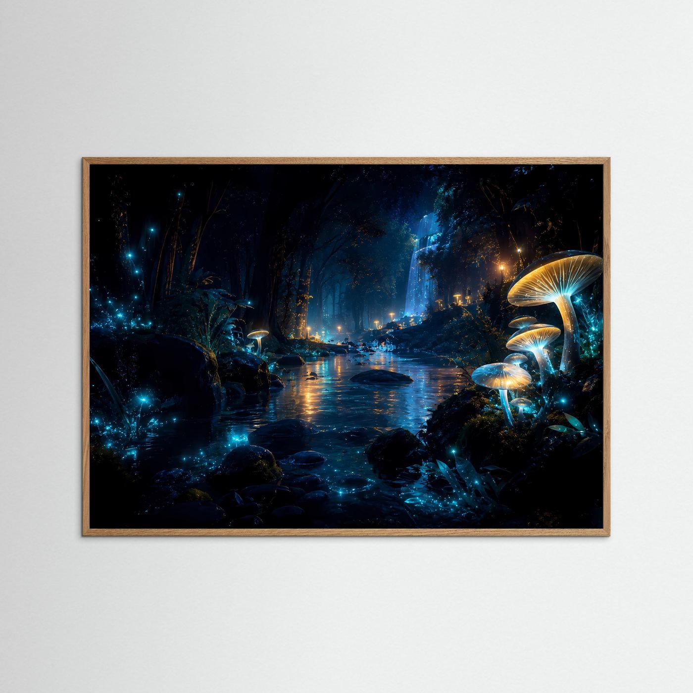 Magischer Nachtwald mit leuchtenden Pilzen | Mystischer Wasserfall in Blau & Gold