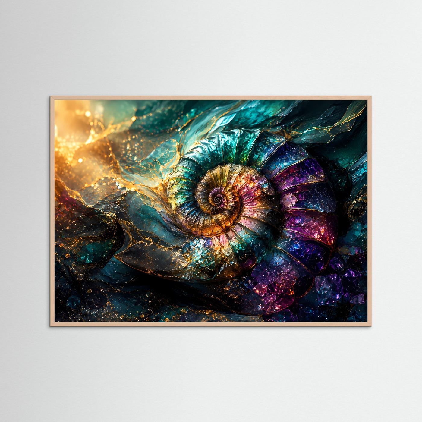 Ammonit in Edelsteinfarben | Abstrakte Fossilien Kunst in Türkis, Violett & Gold
