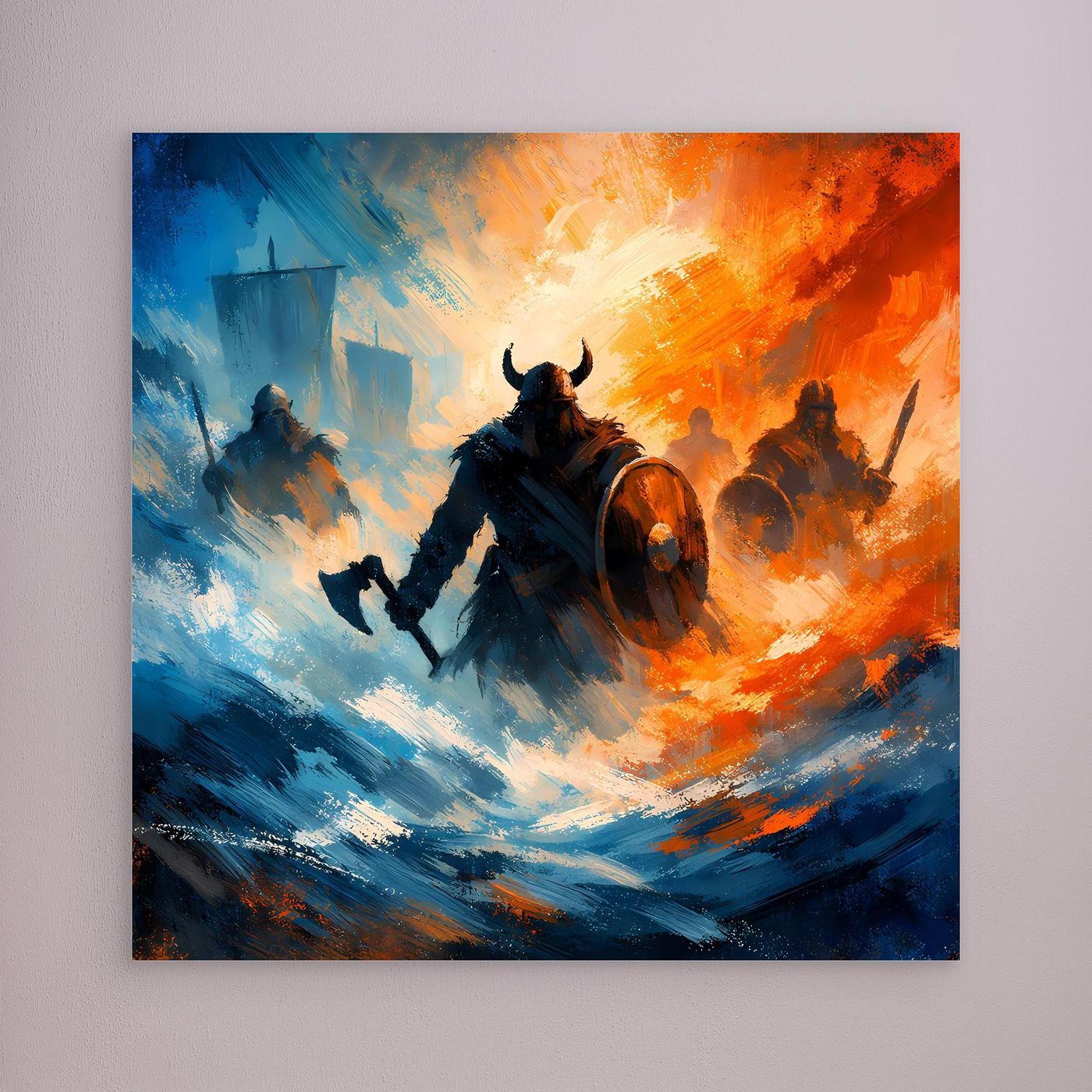 Wandbild mit Wikinger-Kriegern im Sturm, Blau-Orange, ohne sichtbaren Rahmen