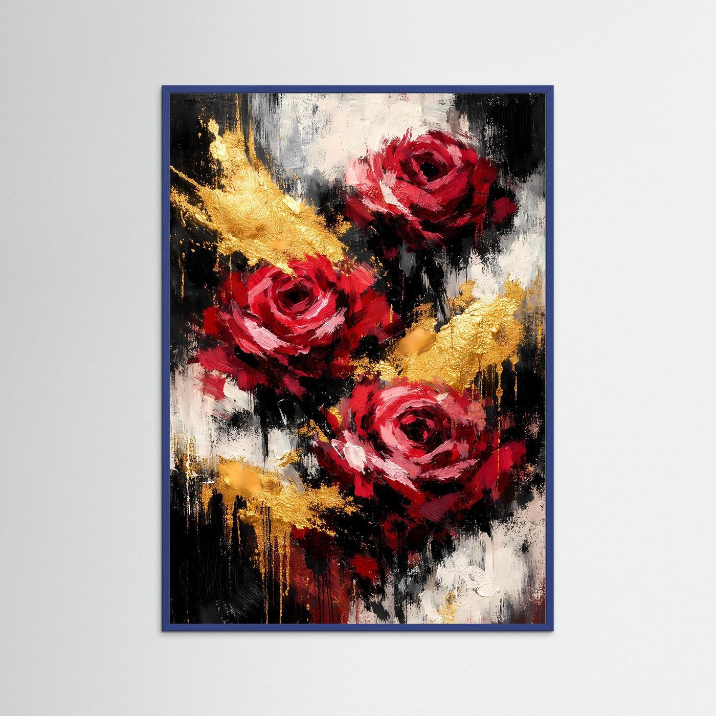 Abstraktes Blumenwandbild mit roten Rosen und goldenen Akzenten, blauem Holzrahmen