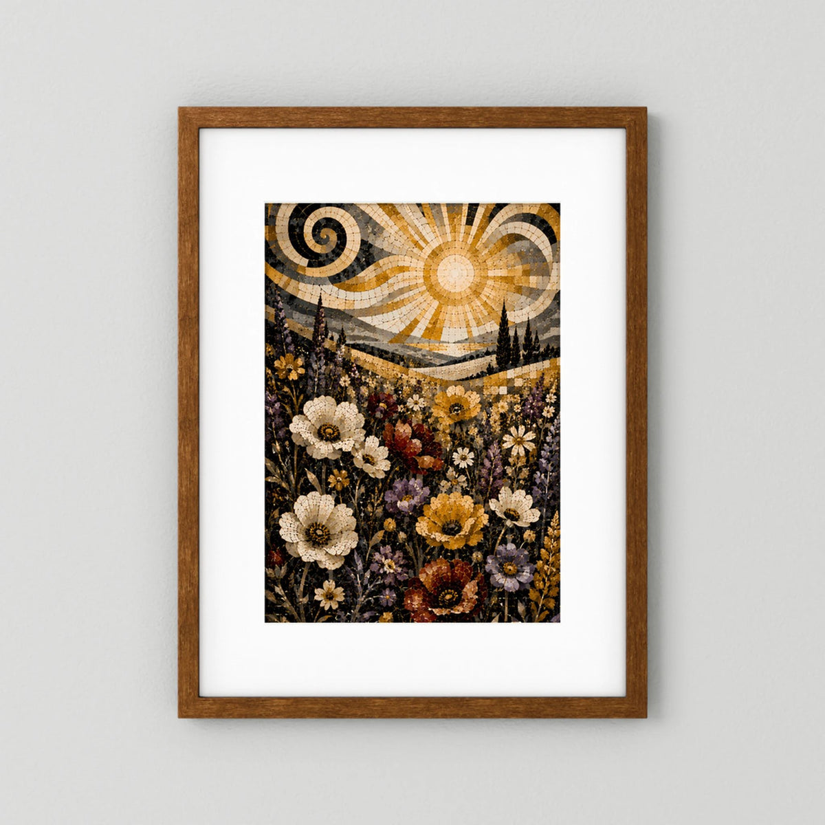 Poster Hochformat mit Mosaiklandschaft: goldene Sonne, Wildblumen, brauner Rahmen