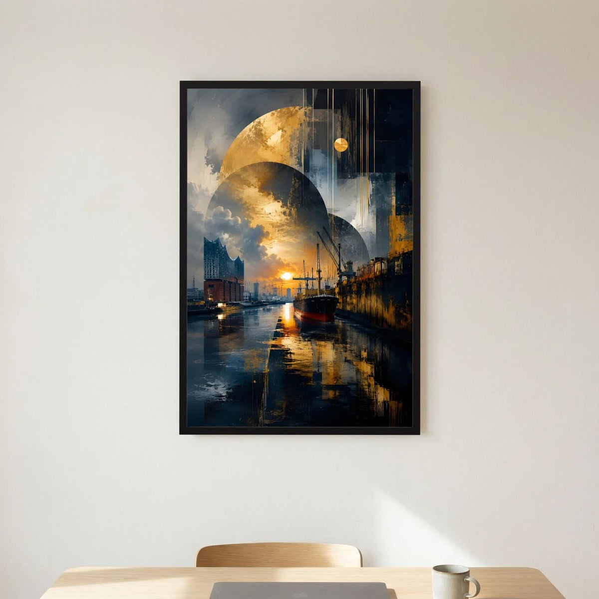 Poster im Hochformat mit abstraktem Hafenmotiv in Gold und Dunkelblau, dunkel gerahmt