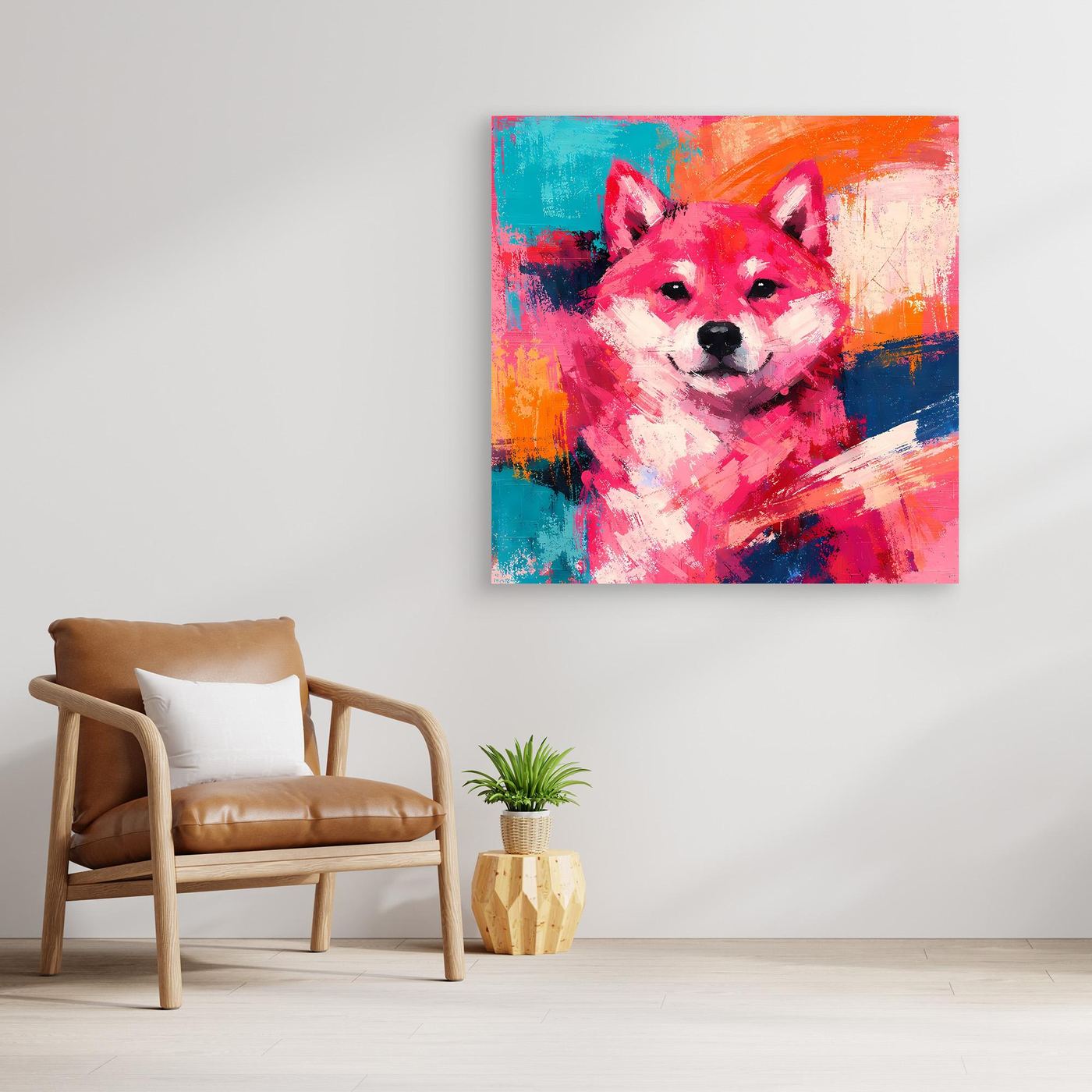 Pop-Art-Wandbild mit Shiba Inu, leuchtende Farbflecken, ohne sichtbaren Rahmen