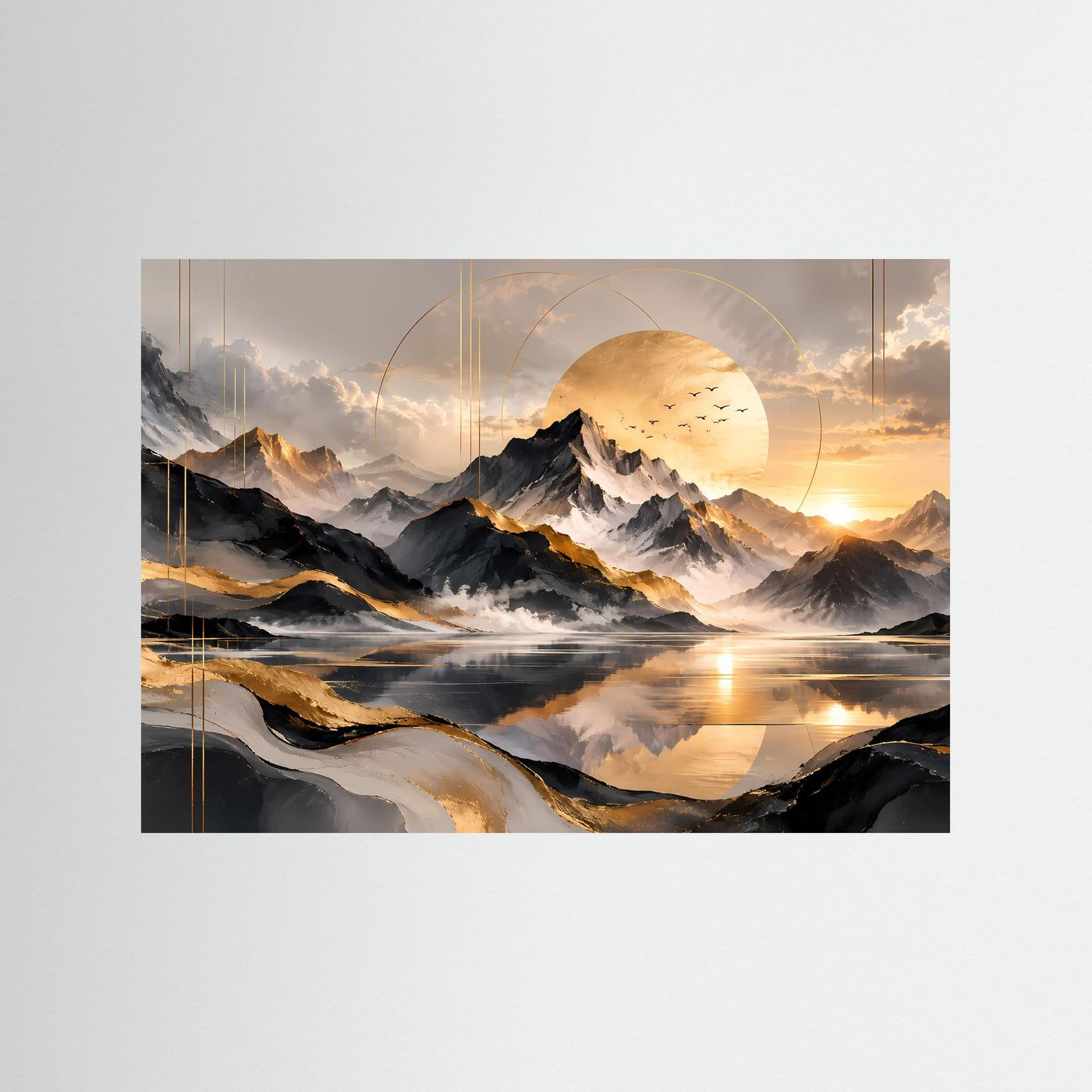 Abstrakte Berglandschaft Poster | Goldene Berge mit See | Moderne Landschaft Kunst | Panorama Wandbild | Elegante Leinwand mit Goldakzenten