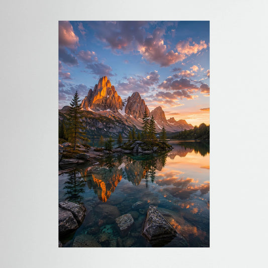 Bergsee im Sonnenuntergang | Leuchtende Berglandschaft mit Spiegelung | Poster Hochformat