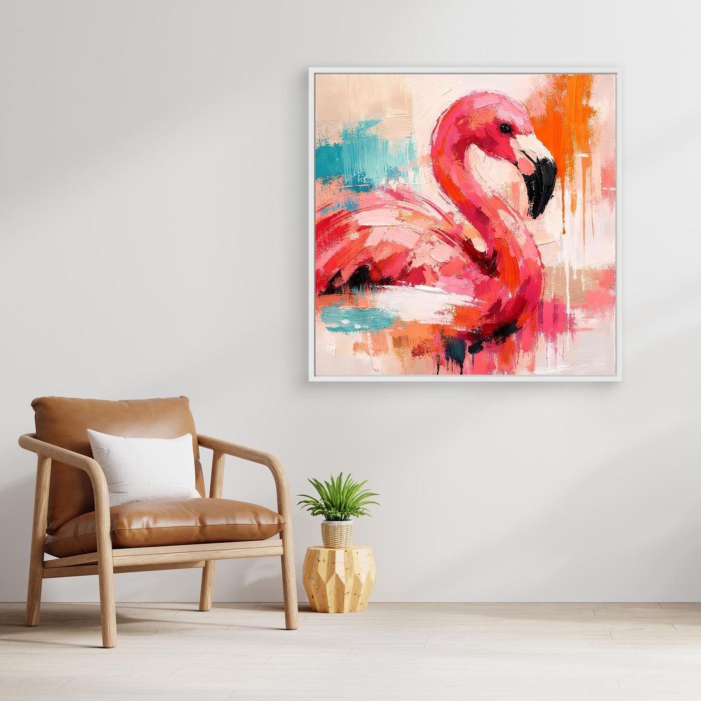 Wandbild mit abstraktem Flamingo in Pink und Orange, weißer Bilderrahmen.