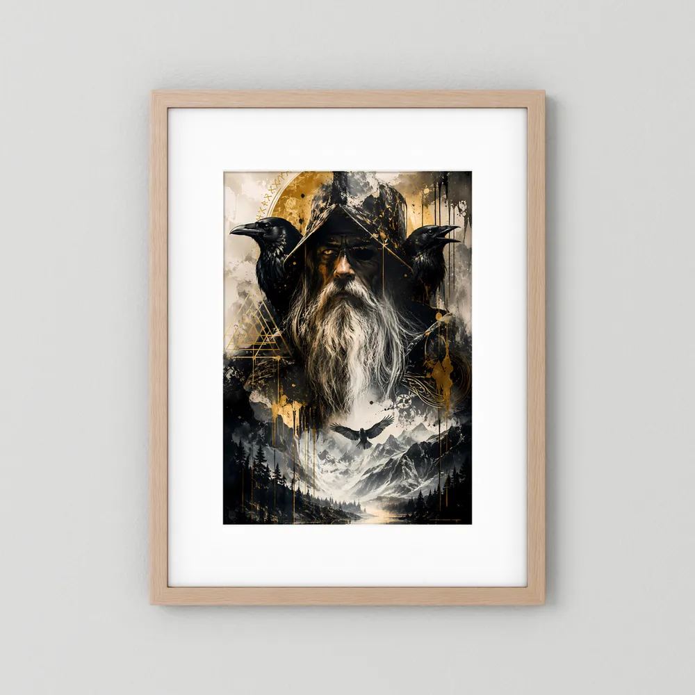 Fantasy-Poster im hellem Holzrahmen mit weißem Rand: Runenmagier und drei schwarze Raben.