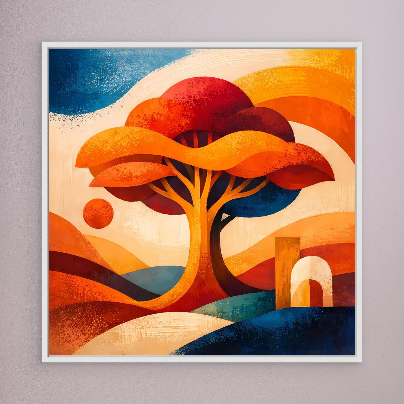 Leinwandbild mit abstraktem Baummotiv: Orange und Blau, weiß gerahmt