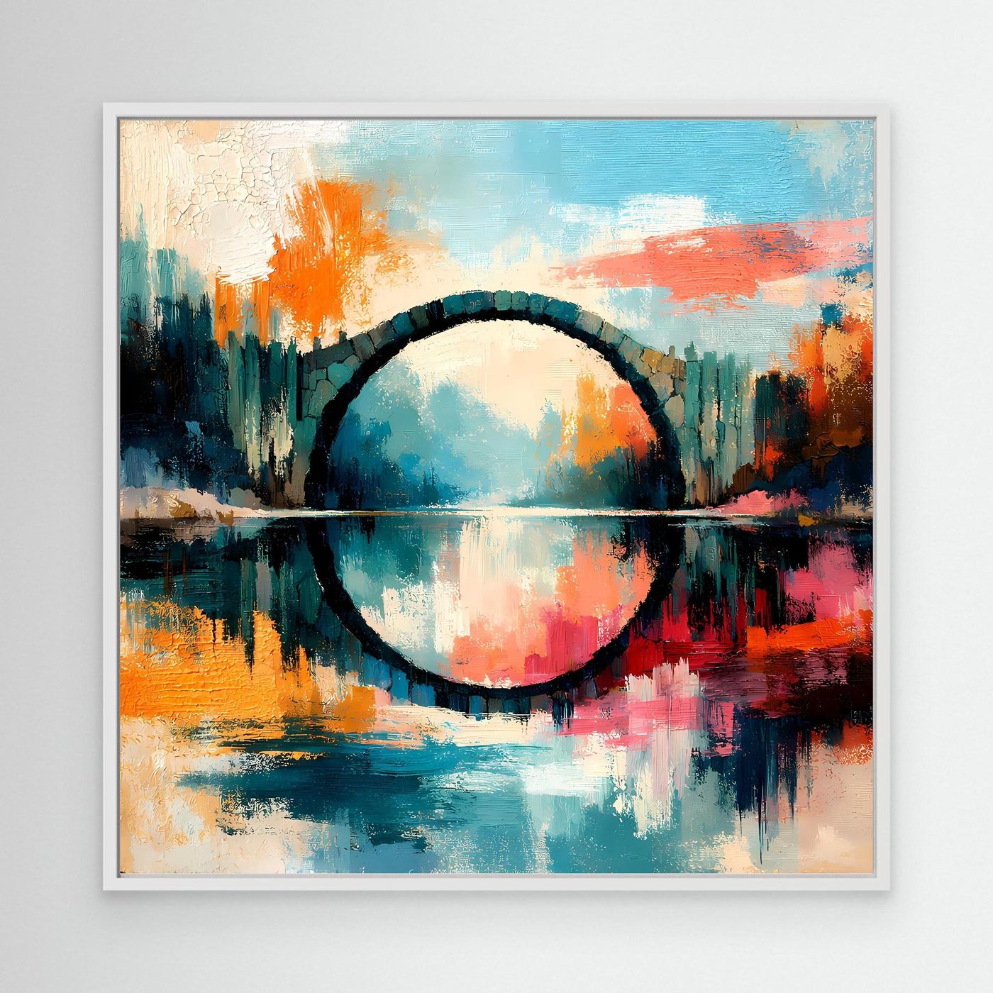 Premium Leinwand Mystische Kreisbrücke im Wasser | Abstraktes Natur Wandbild farbenfroh
