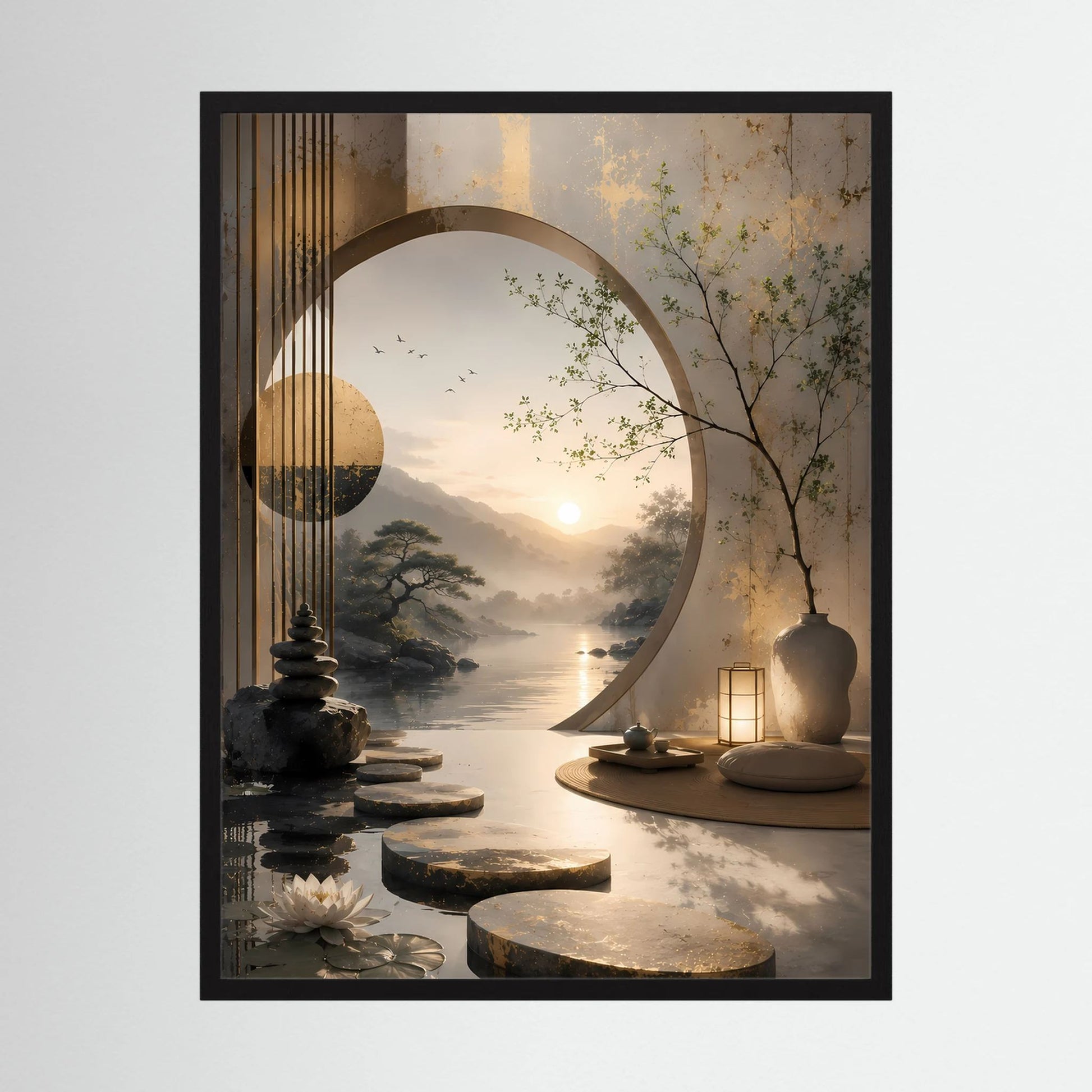Hochformatiges Poster mit asiatischer Landschaft, Torbogen, goldener Sonne und See