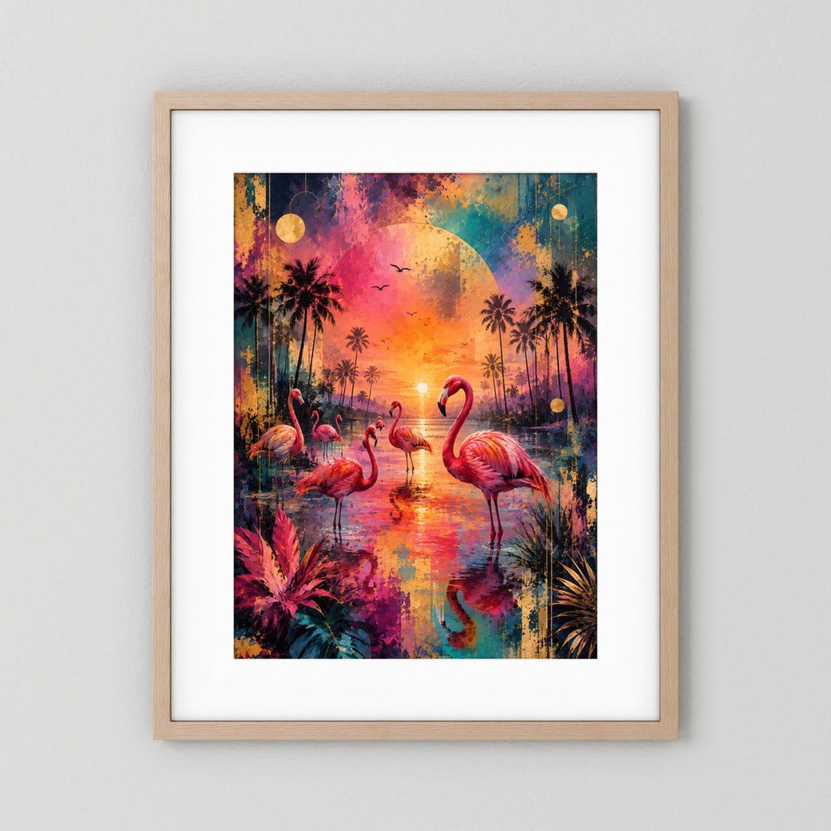 Gerahmtes Hochformat-Poster mit Flamingos im tropischen Sonnenuntergang, heller Holzrahmen