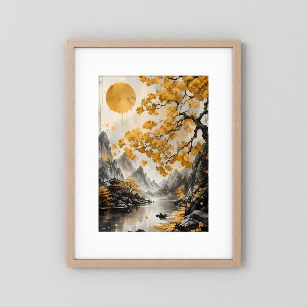 Eichenfarbener Rahmen mit weißem Rand: Hochformat-Poster mit See, Tempel und goldenem Blütenbaum