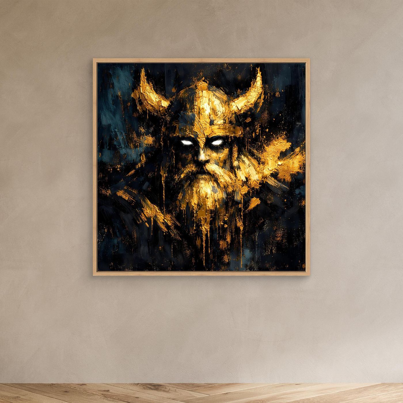 Leinwand Mystischer Wikinger in Gold und Schwarz | Modernes Abstraktes Krieger Wandbild