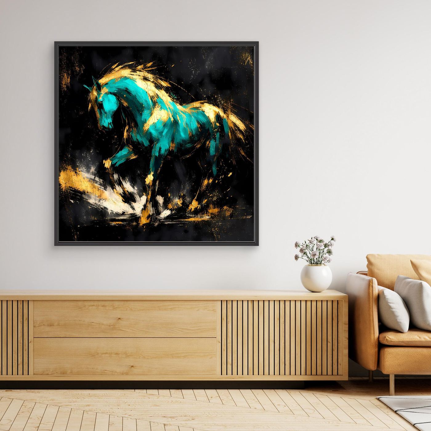 Leinwand Kraftvolles Pferd in Türkis und Gold | Modernes Abstraktes Wildtier Wandbild