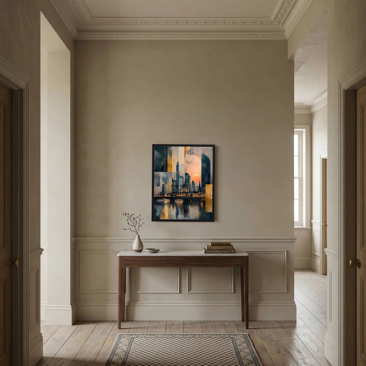 Gerahmtes Poster mit abstrakter Skyline am Fluss in Gold- und Petroltönen