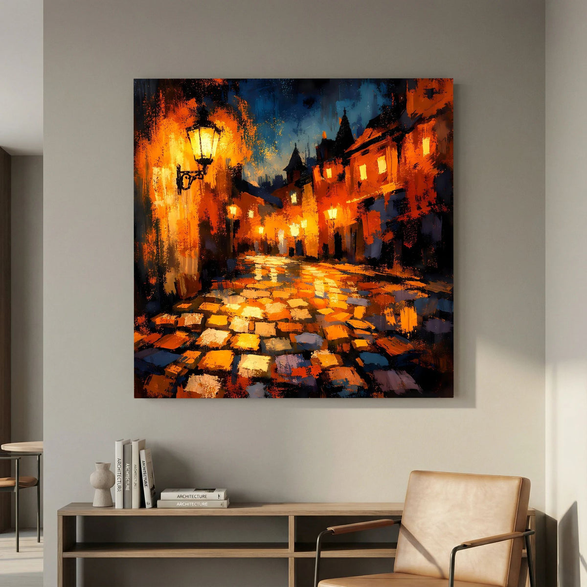 Leinwand Abstraktes Altstadt Gemälde | Modernes Romantisches Gassen Wandbild bei Nacht