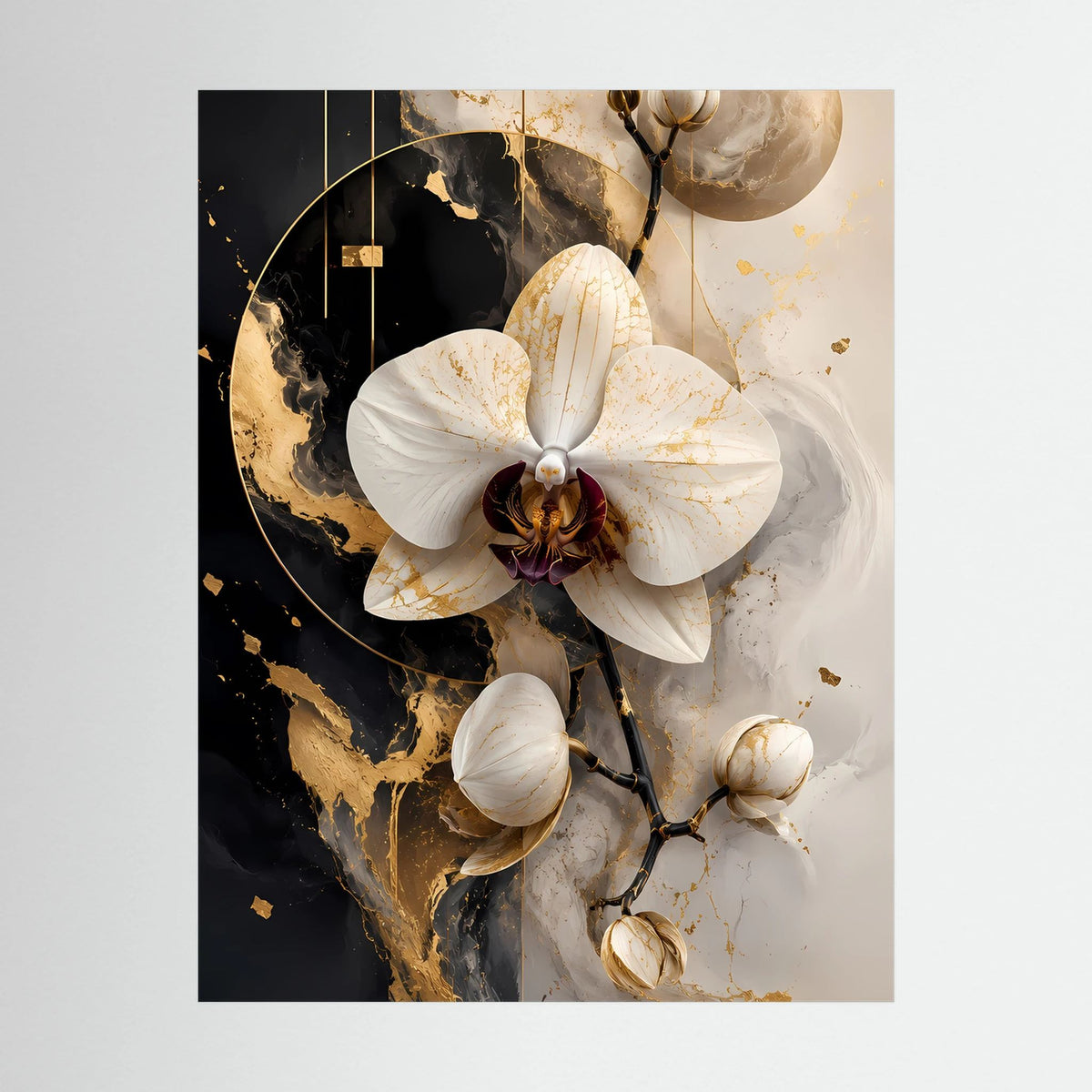 Nahaufnahme: hochformatiger Kunstdruck mit weißer Orchideenblüte auf Schwarz-Gold