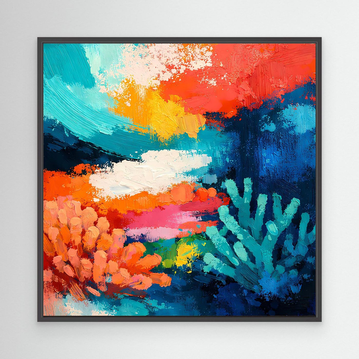 Abstraktes Leinwand-Wandbild mit Unterwasser-Korallenriff, schwarzer Rahmen.
