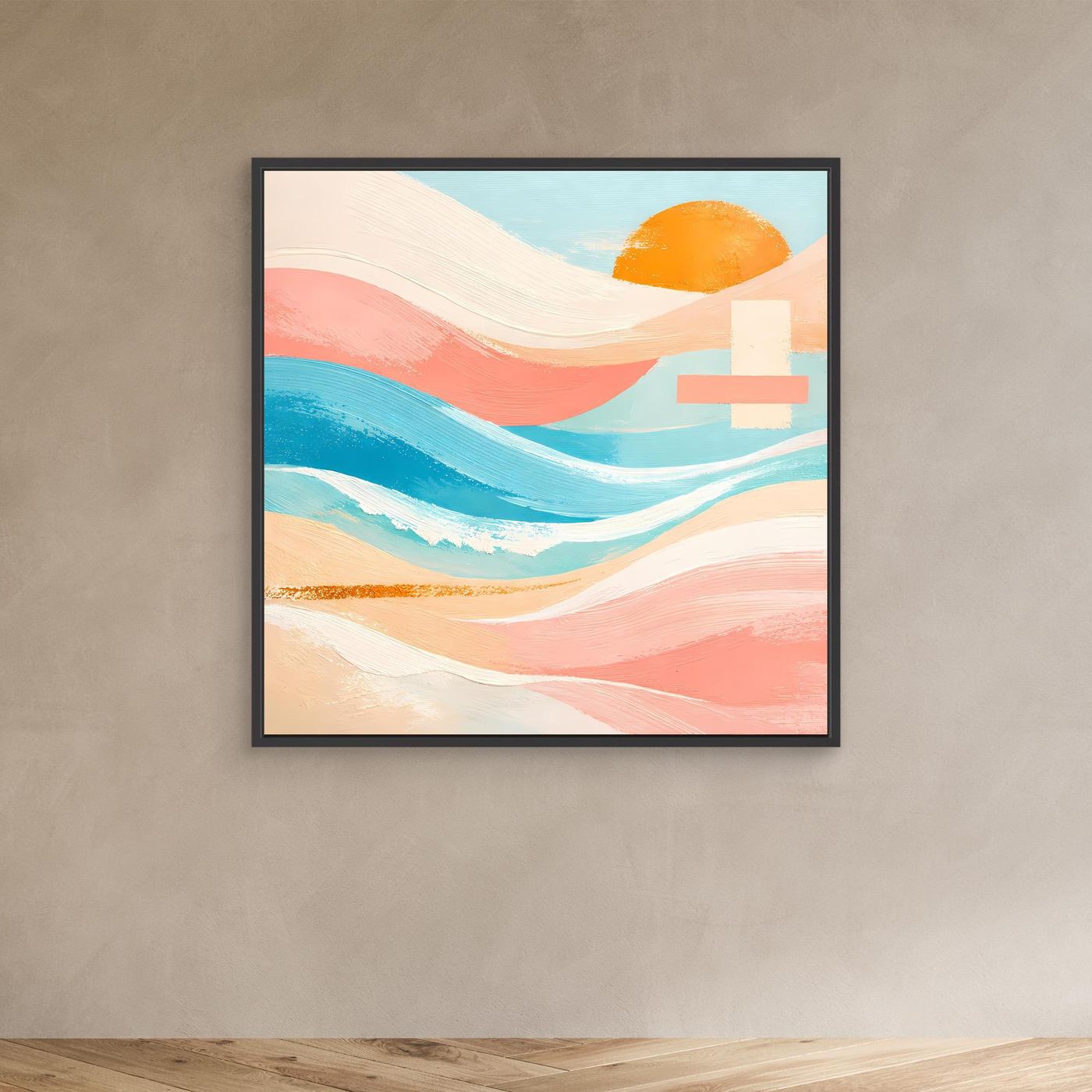 Abstraktes Leinwandbild mit Meer- und Sonnenmotiv im schwarzen Rahmen, Pastellfarben