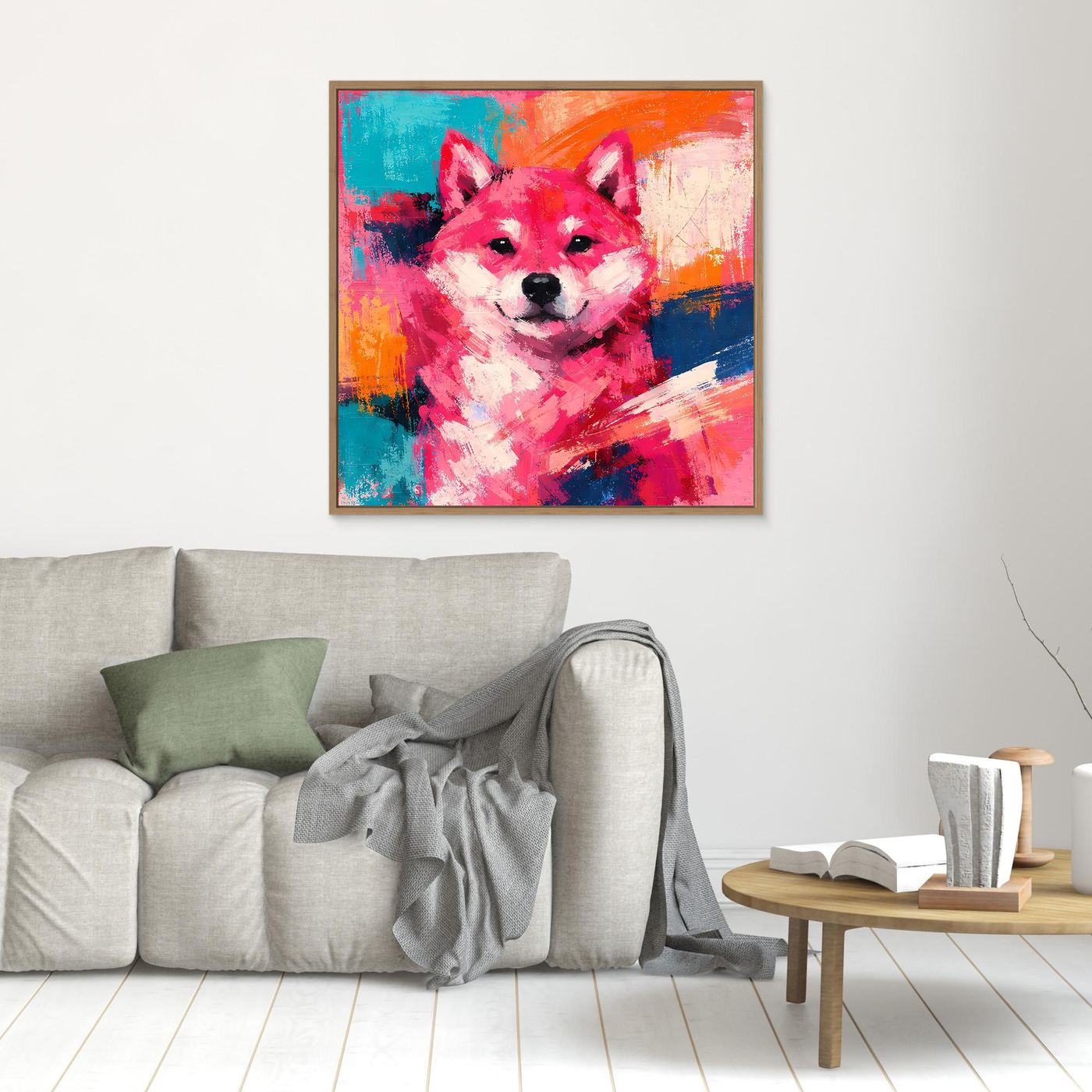Kleines Shiba-Inu-Wandbild auf Leinwand mit goldbraunem Rahmen