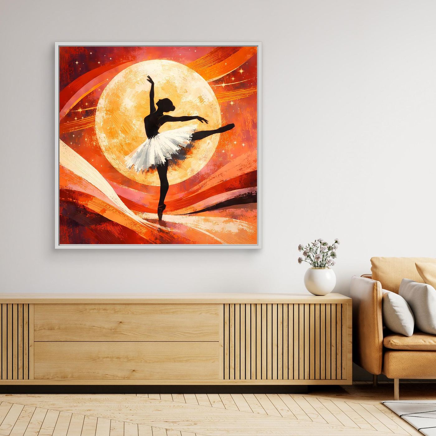 Gerahmtes Leinwandbild: schwarze Ballerina-Silhouette vor goldenem Vollmond, abstraktes Orange