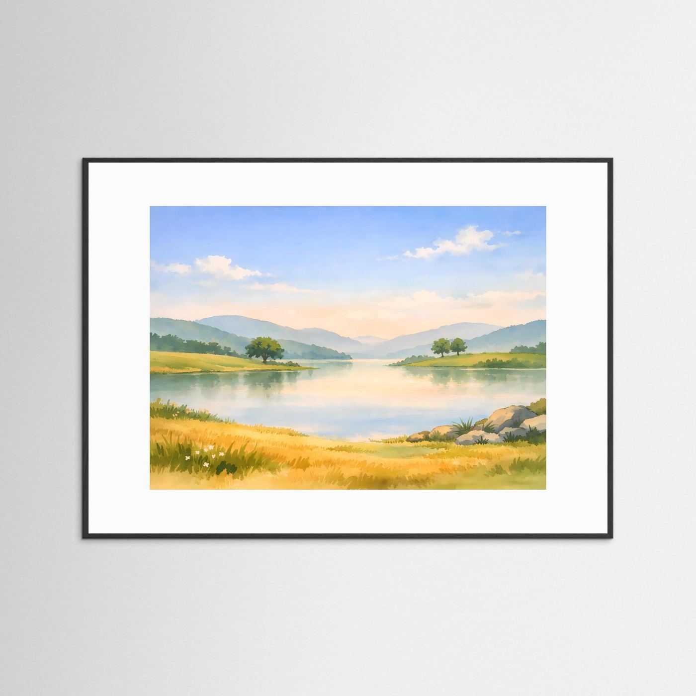 Natur-Poster im Aquarellstil im Querformat mit schwarzem Rahmen: See, Wiesen, Hügel