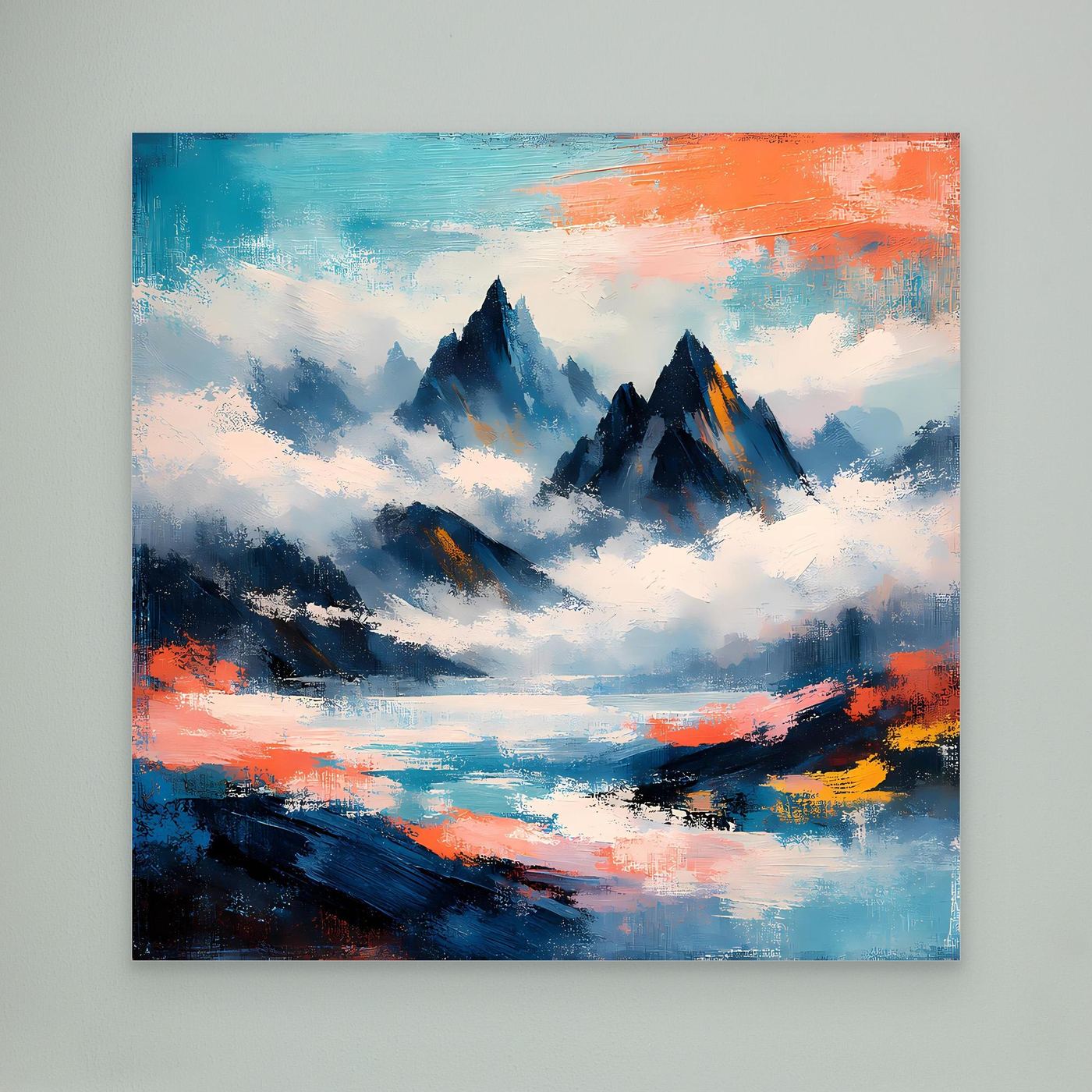 Wandbild mit abstrakten Berggipfeln im Nebelmeer, blau-orangefarbene Pinselstruktur, ohne Rahmen