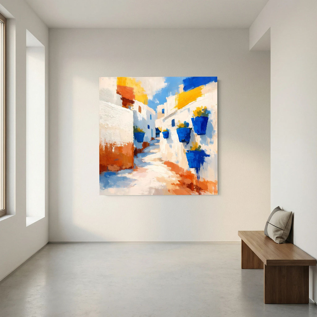 Abstraktes Leinwand-Wandbild: Gasse mit weißen Wänden, Orangeflächen und blauen Töpfen