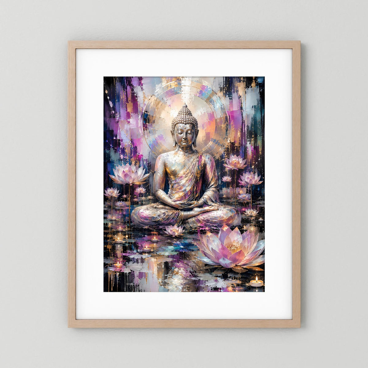 Poster im beigen Holzrahmen mit weißem Rand: sitzender Buddha, Lotusblüten in Gold, Rosa, Blau.