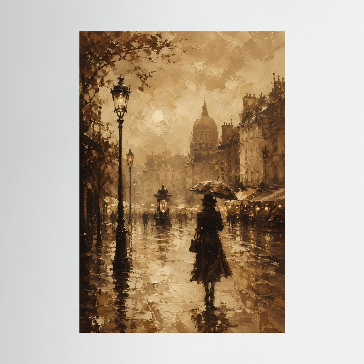 Vintage Poster mit sepia Straßenszene, Laternen, Person mit Regenschirm