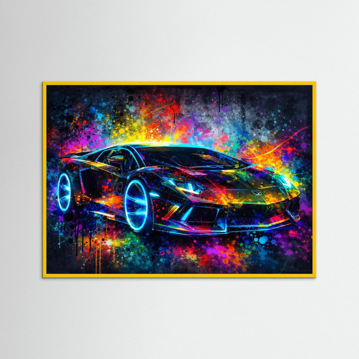 Poster mit abstraktem Sportwagen in Neonfarben, gelber Rahmen, Hochformat