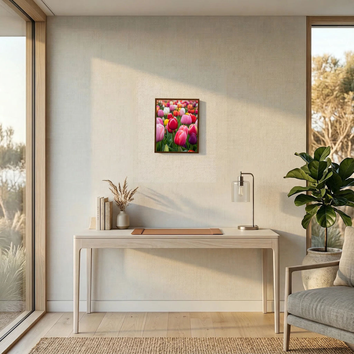 Gerahmtes Hochformat-Tulpenfeld-Poster mit bunten rosa-roten Tulpenblüten (schwarz)