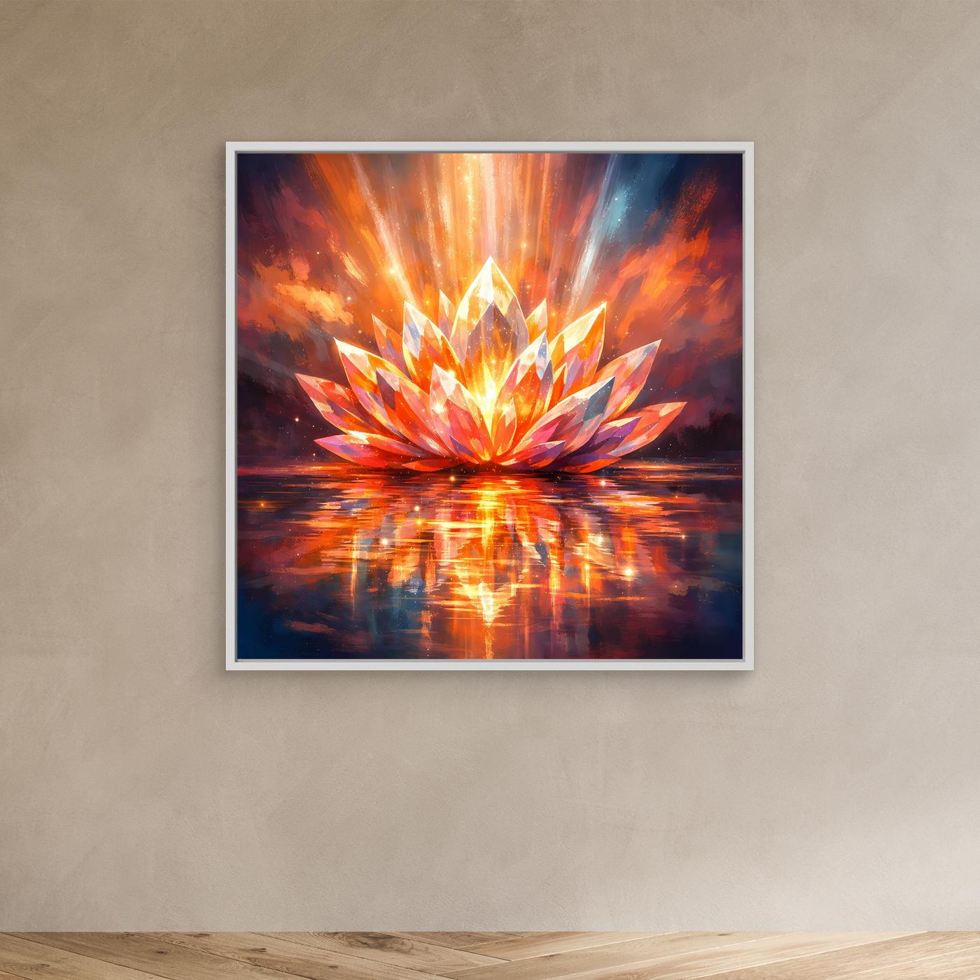 Leinwandbild mit leuchtender Lotusblüte in orange und blau, im weißen Rahmen