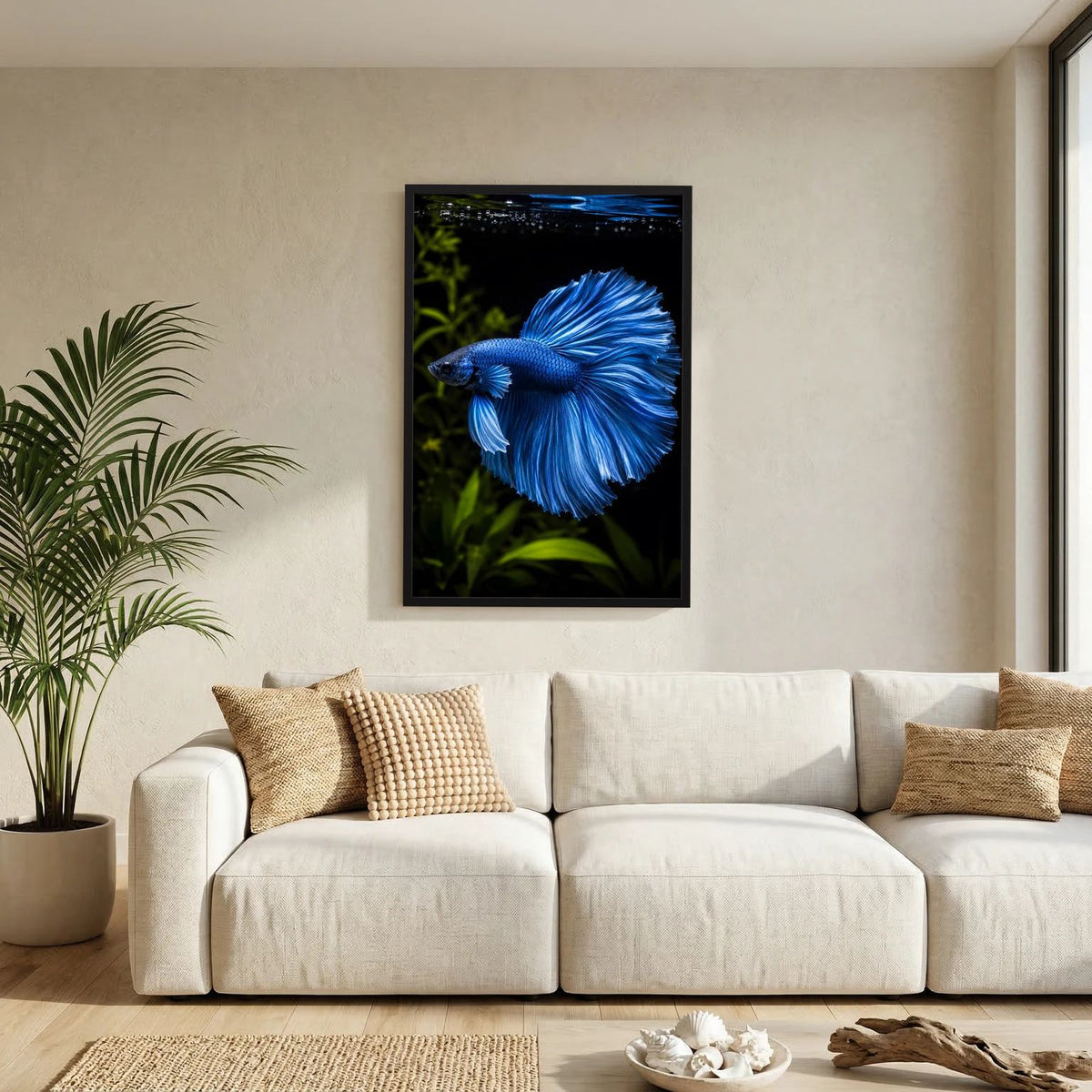 Wandposter mit blauem Kampffisch im Porträt, schwarzer Rahmen