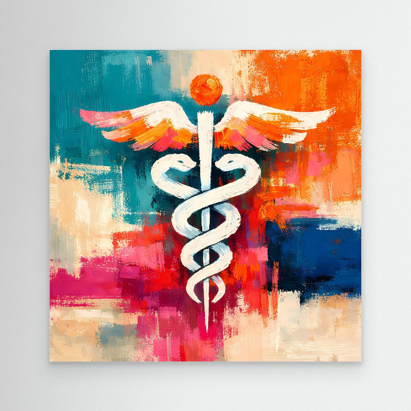 Abstract medical wall art canvas with white caduceus and wings on colorful brush strokes