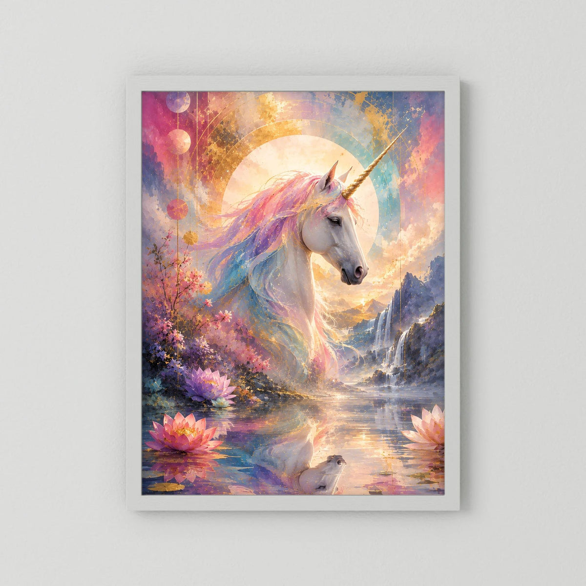 Fantasy-Poster mit Einhorn im Pastell: Mondkreis, Wolkenlicht und Lotusblüten im Hochformat