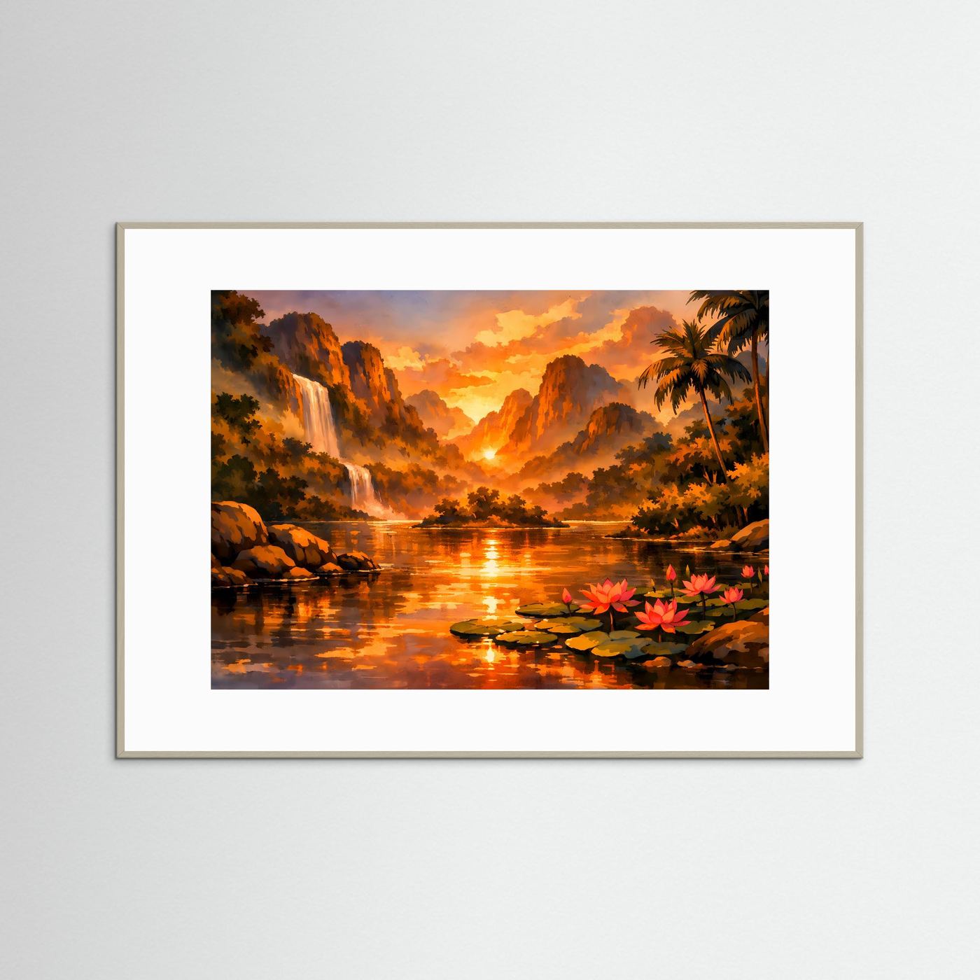 Querformat-Poster im Rahmen mit Sonnenuntergang über tropischem See, Palmen und Seerosen