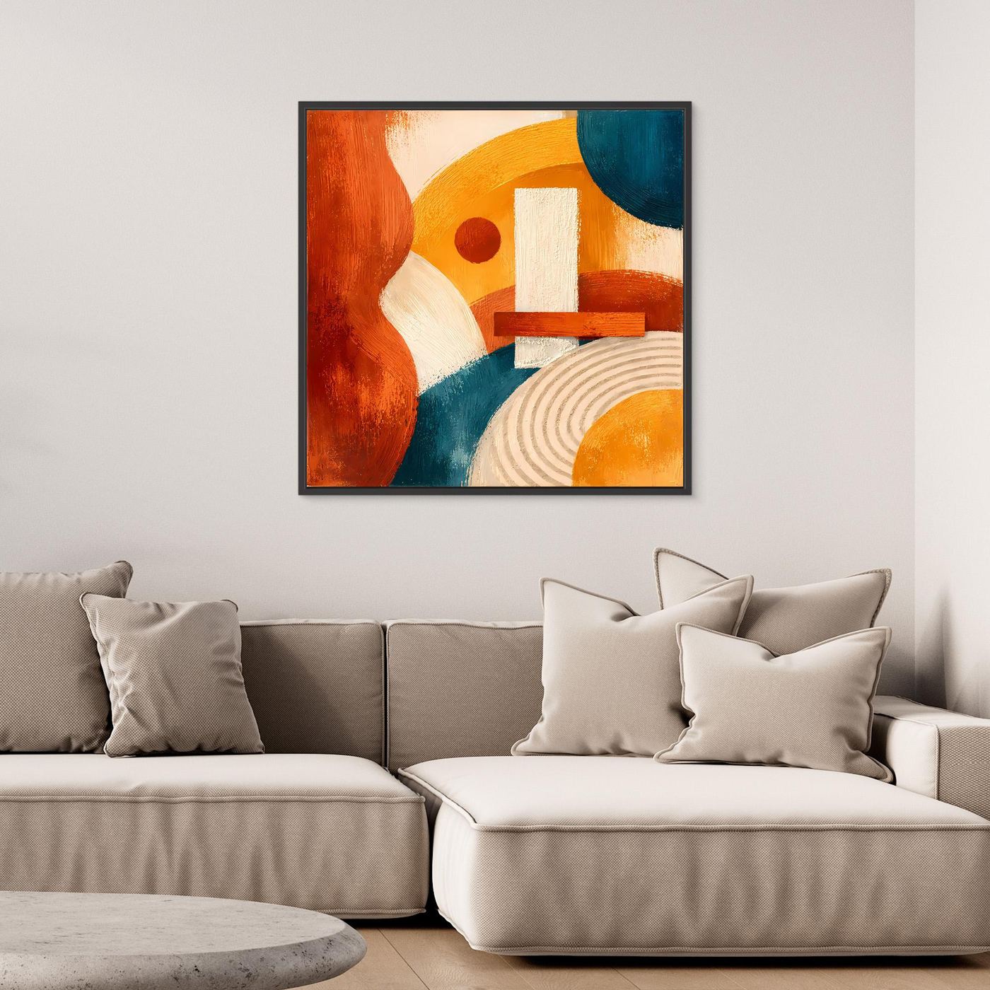 Leinwandbild mit geometrischer Abstraktion: orange-rote Flächen, Blau und cremefarbene Formen, schwarz gerahmt