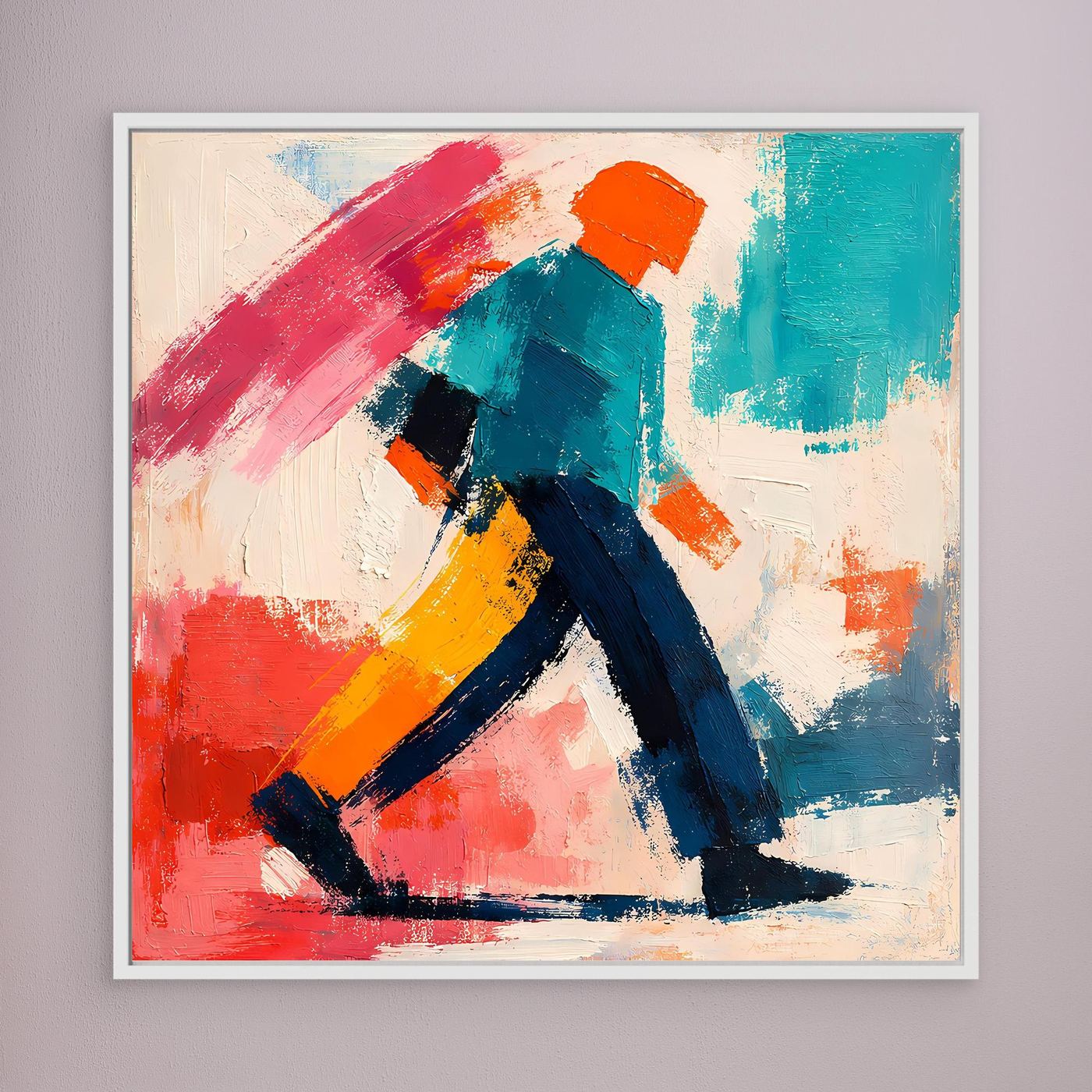Abstract pop art wall canvas with walker figure, white frame, red, teal and navy paint strokes.