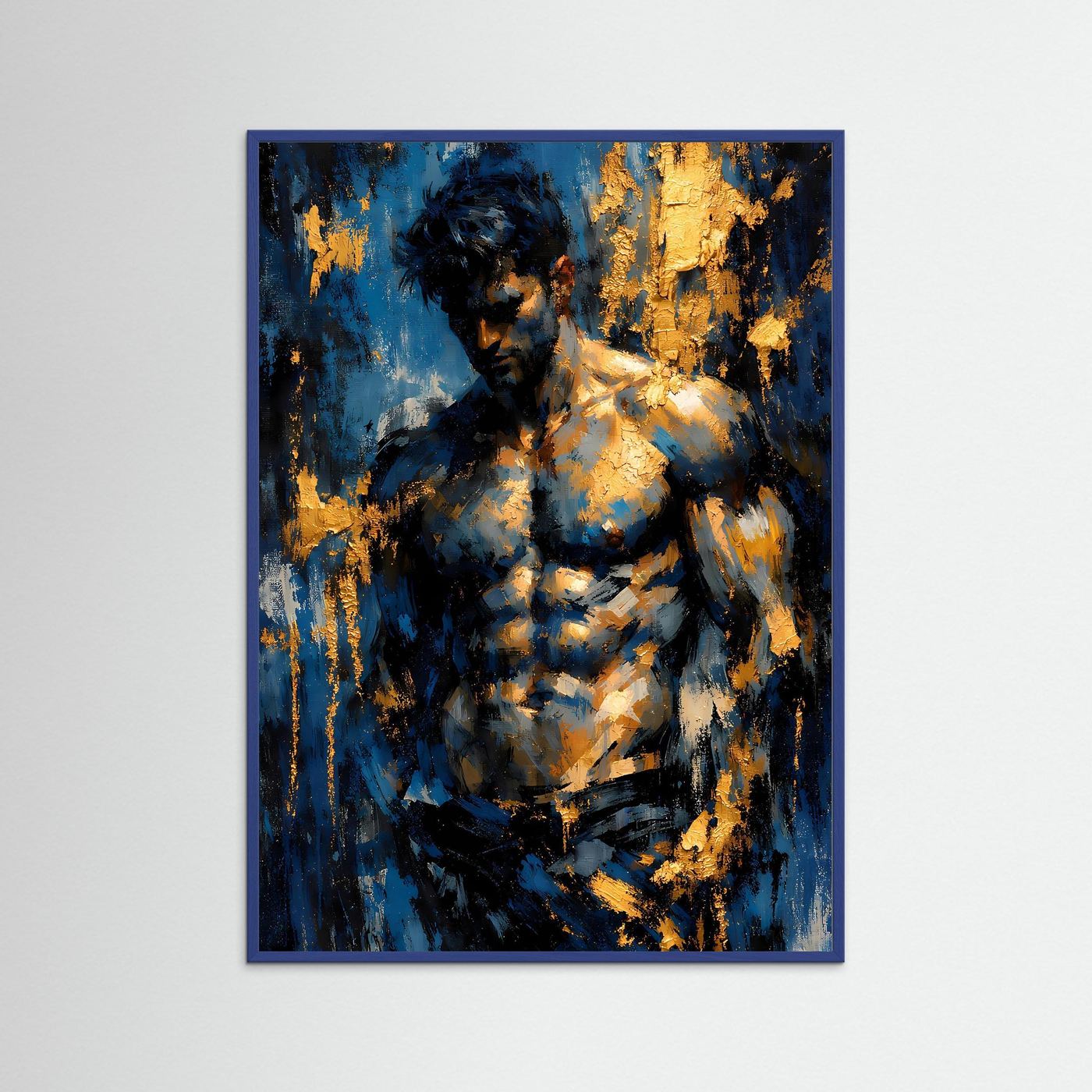 Kunstposter im Hochformat mit Aktfigur, expressiver Farbauftrag in Blau und Gold auf dunklem Grund