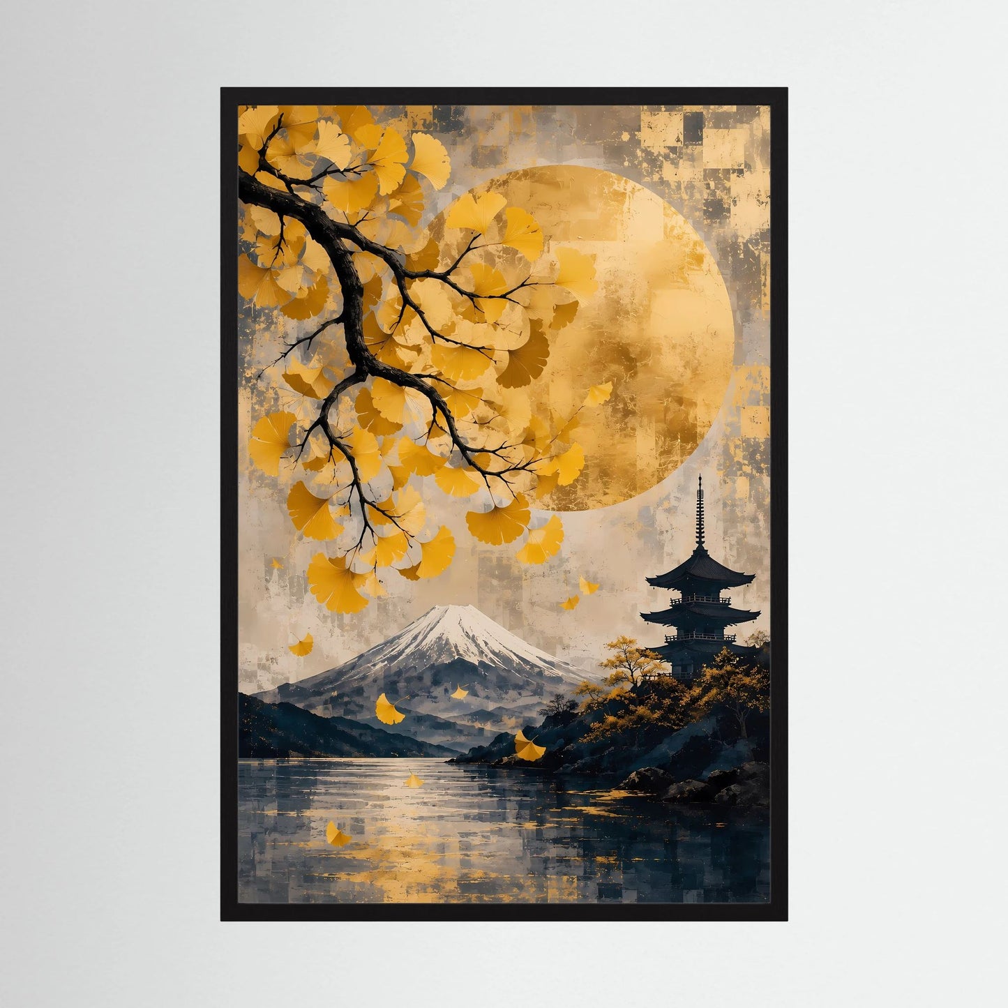 Poster im Hochformat mit schwarzem Rahmen: Gelbe Ginkgozweige, Fuji, Pagode und Vollmond