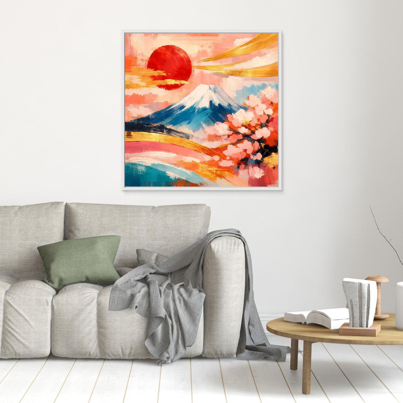 Kleines Leinwandbild vom Fuji mit Kirschtblüten, abstrakte Pinseloptik, gerahmt