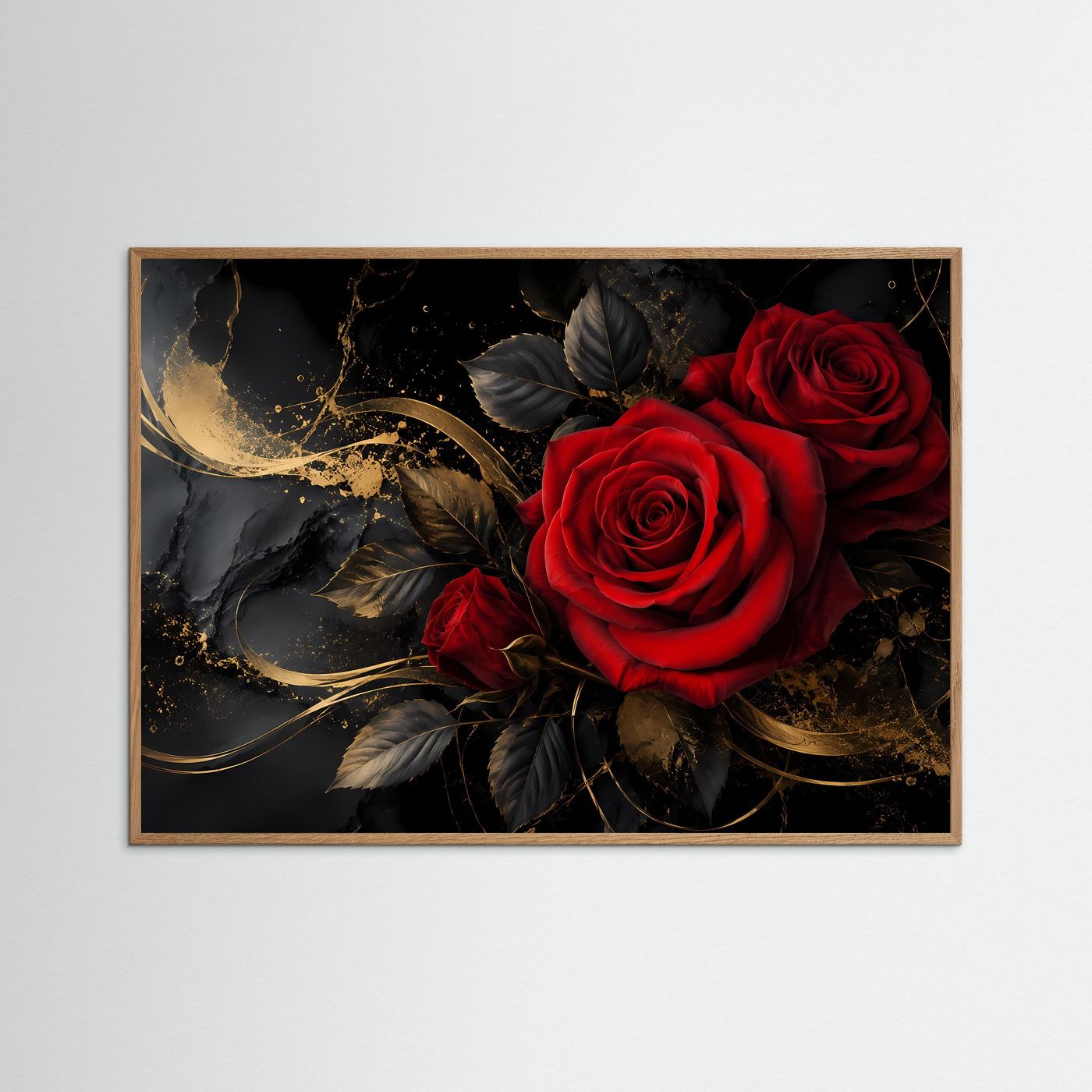Dramatische Romantik | Rote Rosen & Gold Akzente Poster im Modern Art Stil