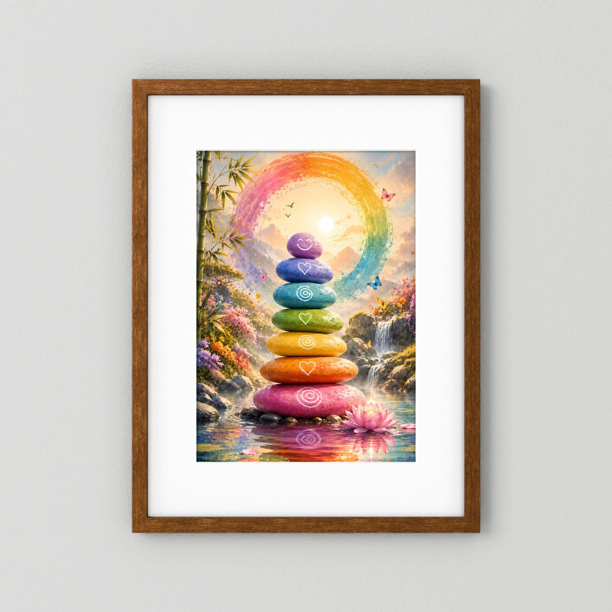 Poster im Hochformat mit dunklem Holzrahmen und weißem Rand: Regenbogen-Steinturm