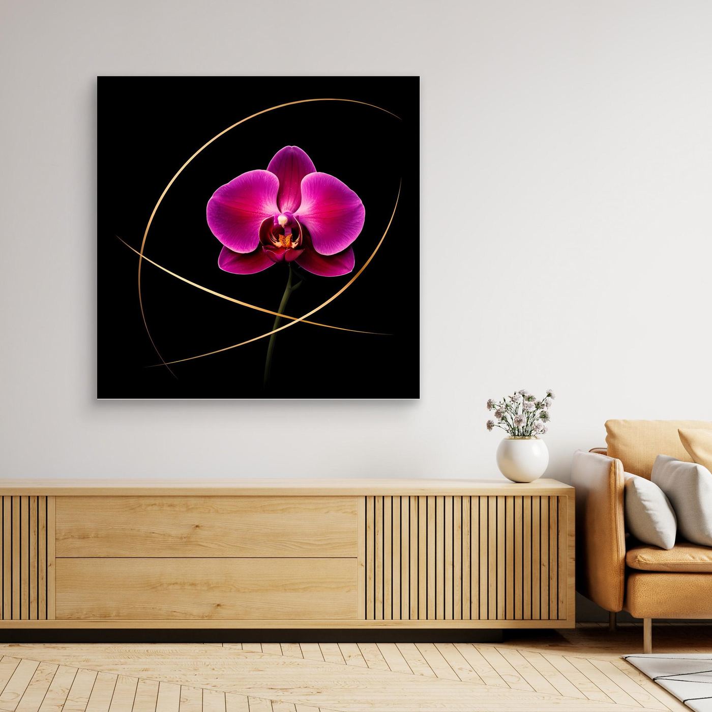 Leinwandbild Orchidee mit magenta Blüten und goldenen Kreisbögen, schwarzer Rahmen