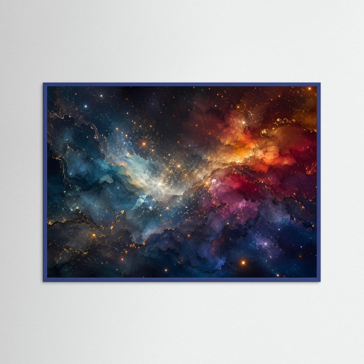 Abstrakte Galaxy-Wandkunst mit blauem Holzrahmen, kosmische Wolken in Blau, Violett und Gold